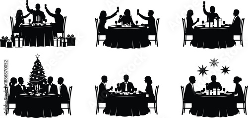 Holiday dinner party silhouettes with family and friends toasting at festive tables, Christmas celebration scenes vector illustration isolated on white background