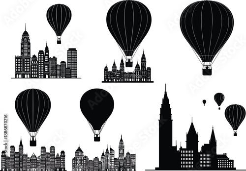 Hot air balloon cityscape silhouette vector set, urban skyline illustrations, black and white fantasy travel icons for design, print, or storytelling