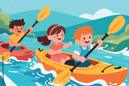 Three kids kayaking on whitewater river with hills, trees, and blue sky in vibrant outdoor scene.