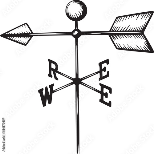A black and white illustration of a weather vane with an arrow and the letters n s e w on it