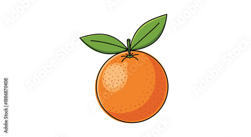 Ripe whole orange fruit with a stem and two green leaves in a vibrant colorful graphic illustration style.