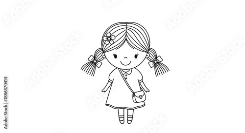Adorable young girl with pigtails wearing a dress and a crossbody bag in a simple black and white line drawing.