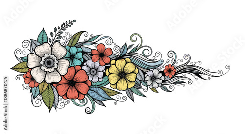Flowing horizontal floral arrangement featuring large colorful flowers, green leaves, and decorative swirls.