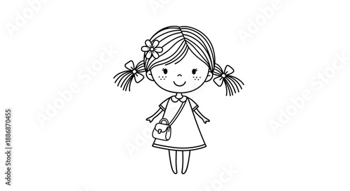 Adorable young girl with freckles and pigtails wearing a dress and a small purse in a simple line drawing style.