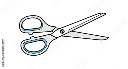 Pair of sharp open scissors with blue handles in a clean graphic illustration style with grey blades.