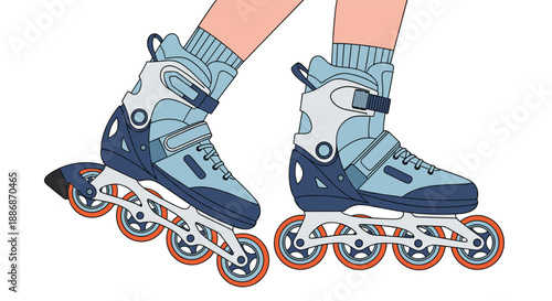 Pair of modern blue and grey inline skates with orange wheels shown in a detailed graphic illustration.