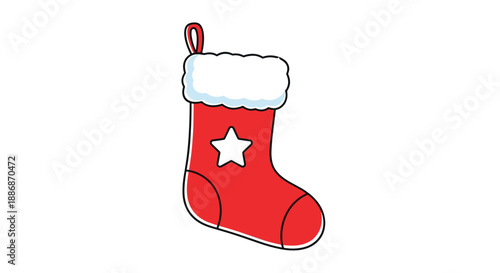 Red festive Christmas stocking with a white star and fluffy white trim in a clean graphic illustration style.