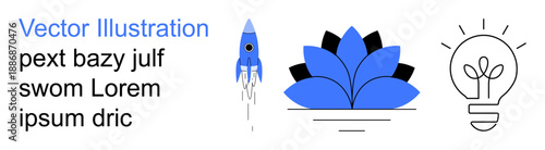 Creativity, innovation, business growth, mindfulness, education concepts, modern design. Blue rocket, stylized lotus flower and lightbulb with text. Creativity and innovation focus