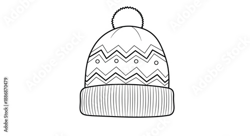 Knitted winter beanie hat with a zig-zag pattern and a fluffy pom-pom in a clean line drawing style.