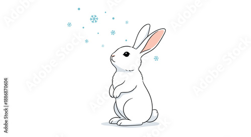 Adorable illustration of a white bunny rabbit standing on its hind legs and looking up at falling light blue snowflakes in winter.