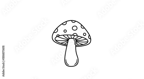 Basic black and white line drawing of a spotted mushroom with a wide cap and thick stem isolated for nature-themed coloring pages.