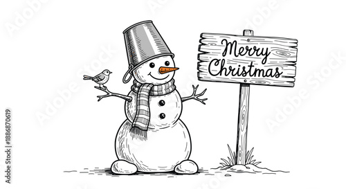 Festive holiday illustration of a cheerful snowman wearing a bucket hat and striped scarf standing next to a Merry Christmas sign.