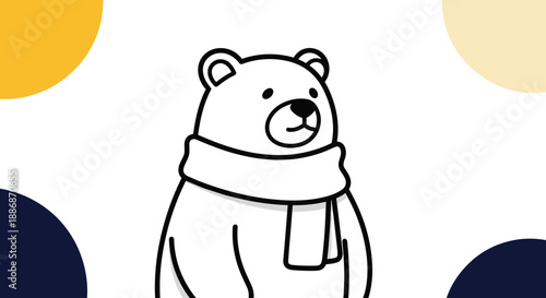 Cute vector illustration of a friendly polar bear wearing a thick winter scarf set against a background of soft colorful circles.