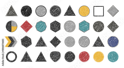 Grid of different geometric shapes like triangles and hexagons filled with dark and colorful scribbled textures for design elements.