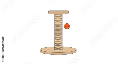 Simple flat illustration of a cat scratching post with a wooden base and a small orange ball toy for pet care and accessories.