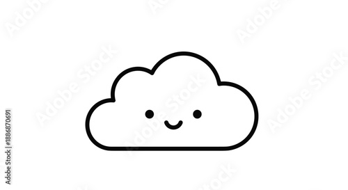 Minimalist and cute illustration of a single smiling white cloud with a simple happy face isolated on a clean white background.