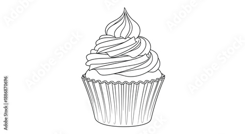 Simple line drawing of a delicious cupcake with high swirl frosting and a fluted paper liner for creative coloring fun.