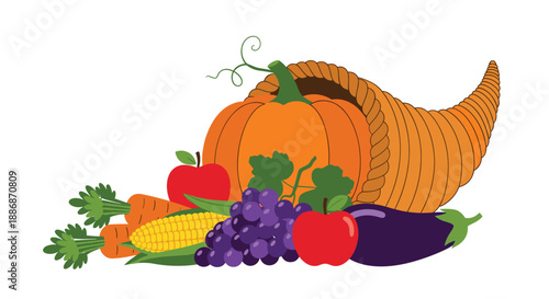 Abundant Thanksgiving cornucopia overflowing with harvest vegetables and fruits like pumpkins, grapes, and corn.