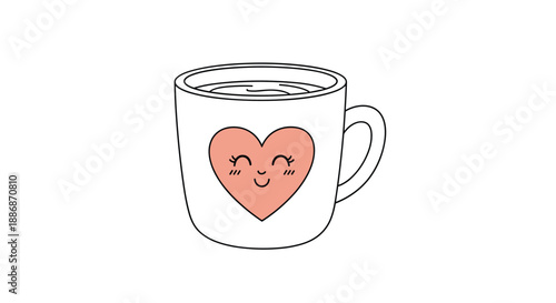 Cute white ceramic mug featuring a pink smiling heart face filled with a hot beverage like coffee, tea, or cocoa.