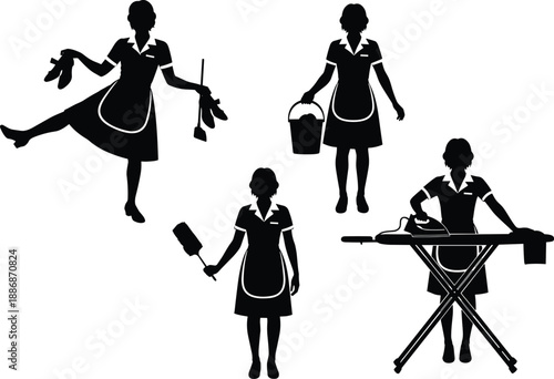 Housekeeping service silhouettes showing professional maid performing cleaning tasks, domestic work, hotel housekeeping, home hygiene, janitorial duties, set concept art vector illustration