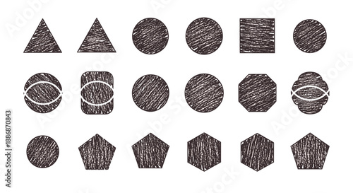 Collection of various geometric shapes with a rough charcoal or chalk texture on a white background.