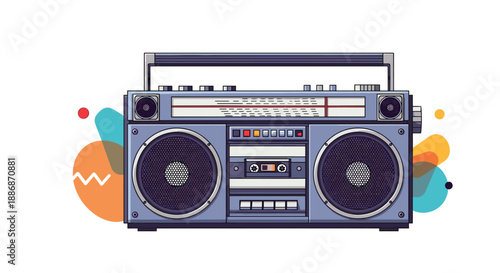 Vintage style portable boombox radio with dual speakers and cassette player on a colorful abstract background.