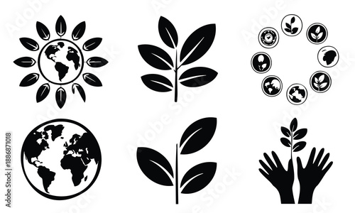 Bundle Earth Day silhouette plant and globe vector illustration graphic set