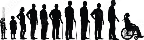 Human aging progression silhouettes set, life stages from child to elderly wheelchair, people timeline comparison, health and social concept, black flat vector illustration