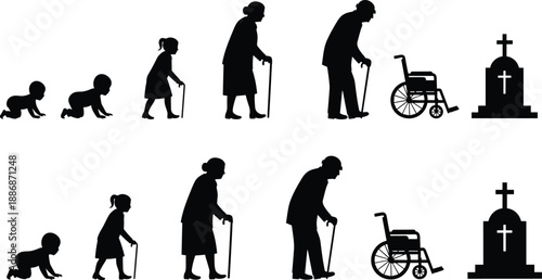 Human life cycle silhouettes progression, aging stages from baby to elderly death concept, wheelchair and grave icons, black flat vector illustration, isolated on white