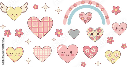 Cute pastel heart set with rainbow, flowers, sparkles, and winged love icons in kawaii style for stickers, cards, and vector designs