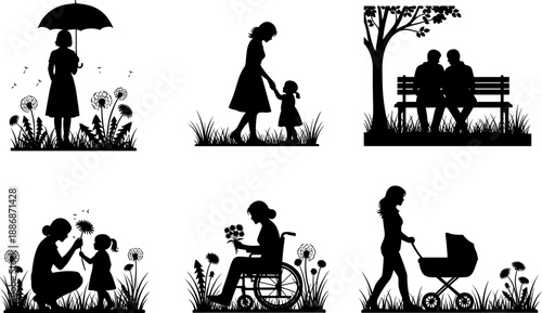 Vector silhouette set illustrating tender moments of motherhood and family life outdoors, featuring mother-child interactions, couple on a bench, and a woman in a wheelchair, nature graphic.