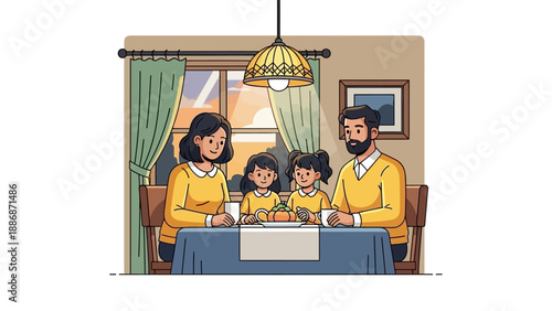 A happy family of four, including parents and two young daughters, sitting together at a dining table in their home, enjoying a shared moment.