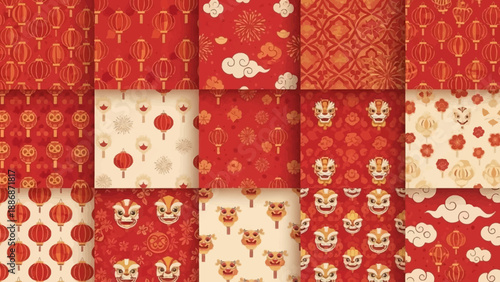 A grid of vibrant red and gold seamless patterns featuring traditional Chinese New Year elements like lanterns, clouds, and lion dance masks, perfect for festive backgrounds.