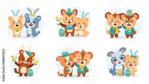 Collection of six adorable illustrations featuring friendly bear-like animals with Easter themes, bunny ears, and decorated eggs, conveying joy and friendship.