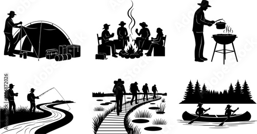 Vector Silhouette Set of Outdoor Leisure Activities, Including Backpacking, Marsh Hiking, Canoe Paddling, Riverside Fishing, Campfire Gathering, and Man Setting Up a Camping Tent.
