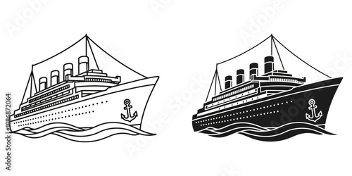 Luxurious cruise ships sailing on calm waters in black and white