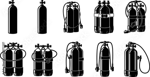 Vector silhouette set of ten detailed scuba diving air tanks, showcasing single and double cylinders with regulators, manifolds, and hoses, essential diving equipment collection.