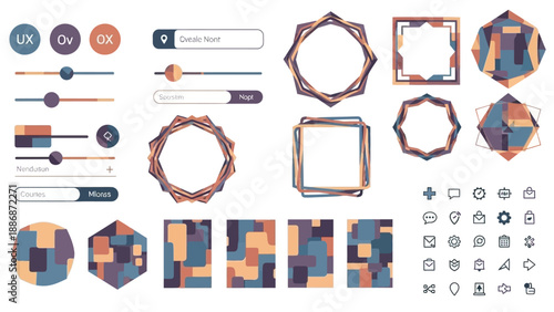 A comprehensive collection of modern UI elements, abstract geometric shapes with patterned fills, and a diverse set of line icons, all in a cohesive muted color palette.