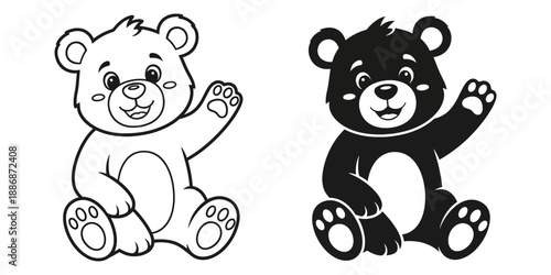 Cute cartoon bears in black and white waving happily