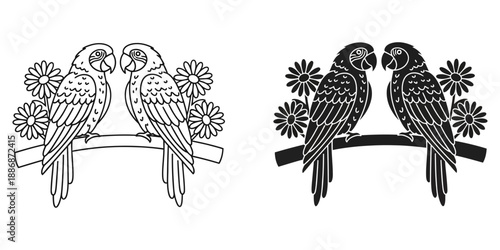 Lovely parrot couple sitting on branch with flowers