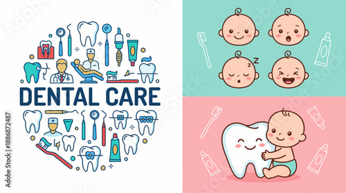 Dental Care Infographic and Pediatric Oral Health Concept: Line Icons of Dentist Tools, Braces, Toothpaste, Toothbrush, and Cute Baby Characters