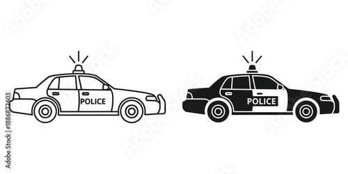 Police cars with lights on in black and white line art style