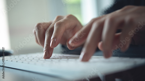 Closeup, business woman hand typing on desktop computer keyboard, online working, searching the information, surfing the internet on office table, remote work, online job, business background