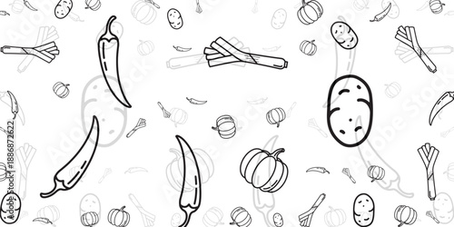 Healthy Food Illustration Various Vegetables and Gourds in Black and White