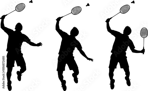 Vector silhouettes of male badminton players mid-air performing powerful overhead smash shots, illustrating competitive sport, intense action, athletic fitness, and racquet game icons