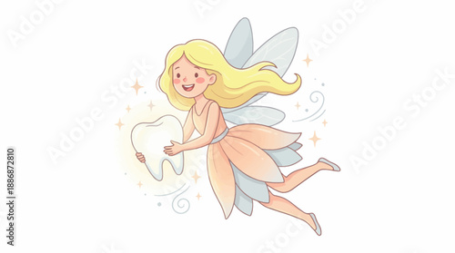 Cute Cartoon Tooth Fairy Character Flying and Holding a Sparkling White Tooth. Pediatric Dentistry Mascot Illustration Isolated on White.