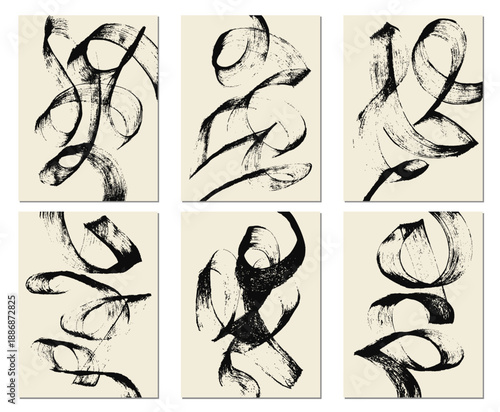 Set of abstract backgrounds. Black ink brush strokes, patterns, posters, cover.