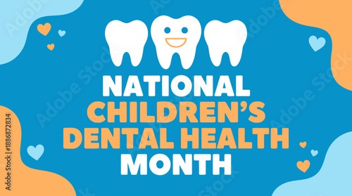 National Children's Dental Health Month Banner. Cute vector graphic for pediatric dental awareness, oral hygiene education, and February campaign promotion.