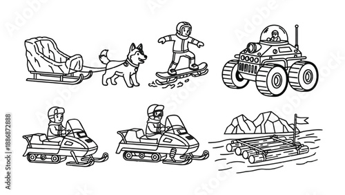 Winter Transportation and Recreation: Various winter transportation and recreational activities, presented in detailed line art, suitable for diverse creative applications.