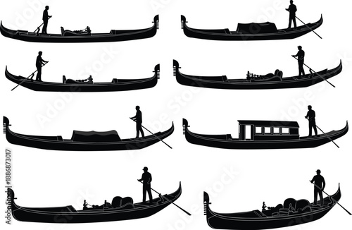 Venetian gondola boats silhouette vector illustration, traditional gondolier rowing design, romantic water transport concept, Italy tourism, canal travel and cultural heritage art